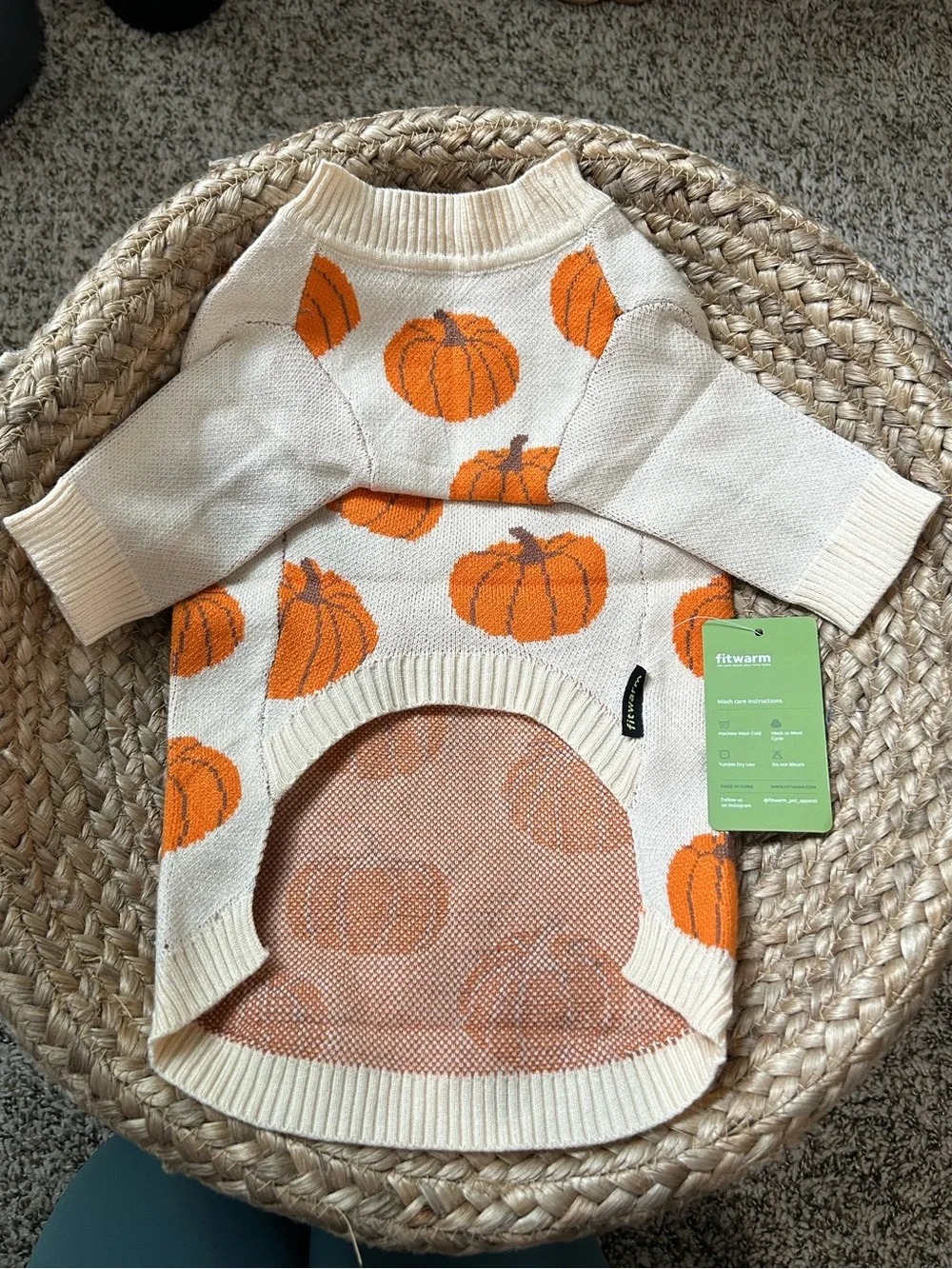 🎃PUMPKIN Dog Sweater - Antique Cream & Orange Knit Fall Pet Pullover